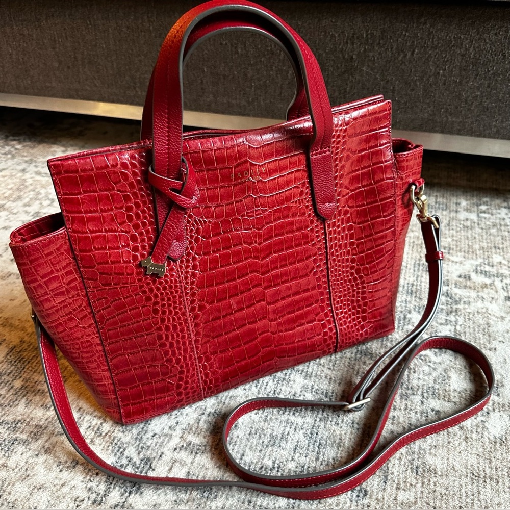 Radley London‎ Womens Croc Embossed Leather Satchel Bag Red